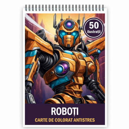 Carti de colorat pentru copii - Carte de colorat pentru relaxare si antistres, 50 de ilustratii, Roboti, 106 pagini