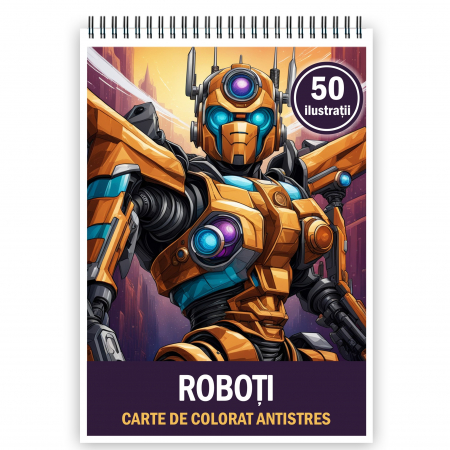 Carti de colorat pentru copii - Carte de colorat pentru relaxare si antistres, 50 de ilustratii, Roboti, 106 pagini