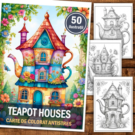 Carte de colorat pentru relaxare si antistres, 50 de ilustratii, Teapot Houses, 106 pagini [1]