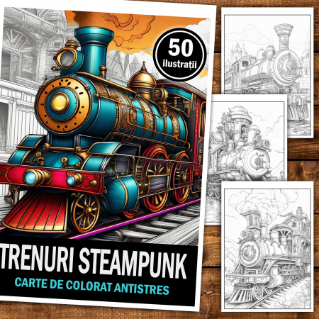 Carte de colorat pentru relaxare si antistres, 50 de ilustratii, Trenuri Steampunk, 106 pagini [1]