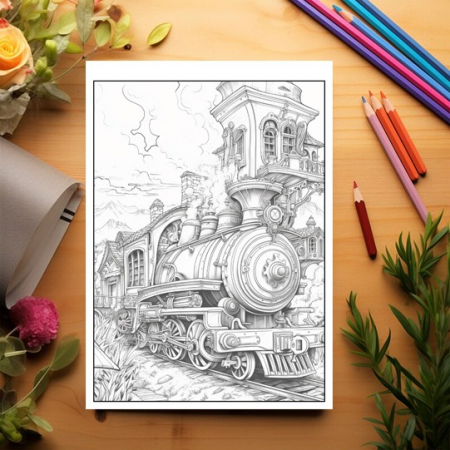 Carte de colorat pentru relaxare si antistres, 50 de ilustratii, Trenuri Steampunk, 106 pagini [2]