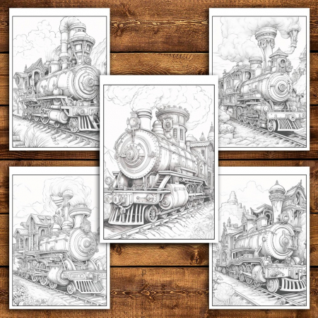 Carte de colorat pentru relaxare si antistres, 50 de ilustratii, Trenuri Steampunk, 106 pagini [4]