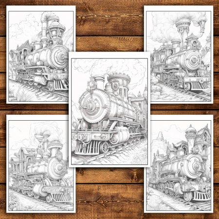 Carte de colorat pentru relaxare si antistres, 50 de ilustratii, Trenuri Steampunk, 106 pagini [4]