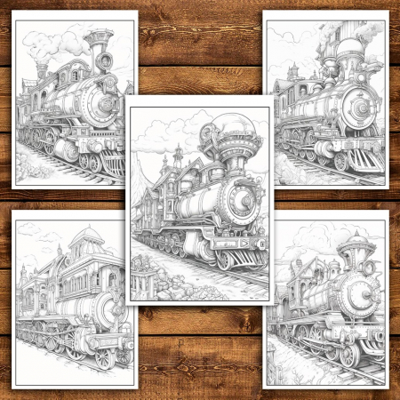 Carte de colorat pentru relaxare si antistres, 50 de ilustratii, Trenuri Steampunk, 106 pagini [5]