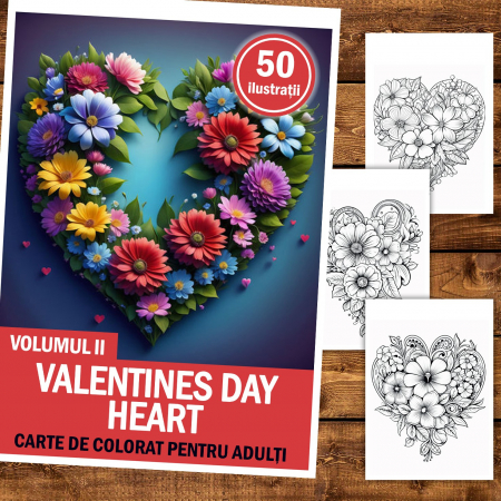 Carte de colorat pentru relaxare si antistres, 50 de ilustratii, Valentines Day Heart - Volumul II, 106 pagini [1]