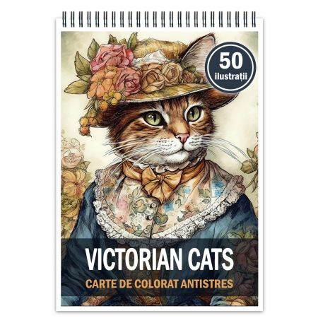 Carti de colorat antistres pentru adulti - Carte de colorat pentru relaxare si antistres, 50 de ilustratii, Victorian Cats, 106 pagini