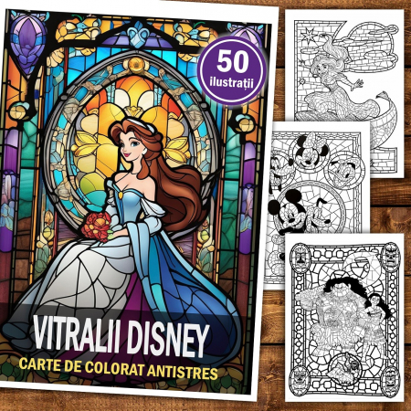 Carte de colorat pentru relaxare si antistres, 50 de ilustratii, Vitralii Disney, 106 pagini [1]