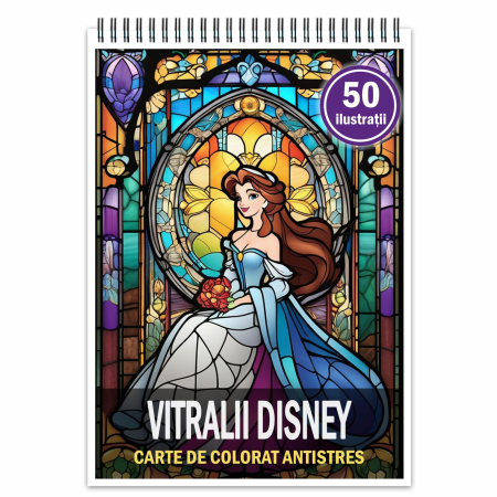 Carti de colorat antistres pentru adulti - Carte de colorat pentru relaxare si antistres, 50 de ilustratii, Vitralii Disney, 106 pagini