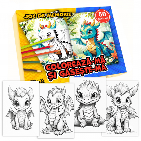 Jocuri pentru copii si familie - Joc pentru copii 2 in 1 de memorie si desen, Coloreaza-ma si gaseste-ma - Editia Dragoni