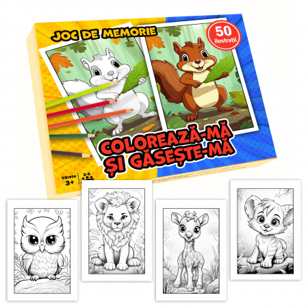 Jocuri pentru copii si familie - Joc pentru copii 2 in 1 de memorie si desen, Coloreaza-ma si gaseste-ma - Editia Animalute dragute