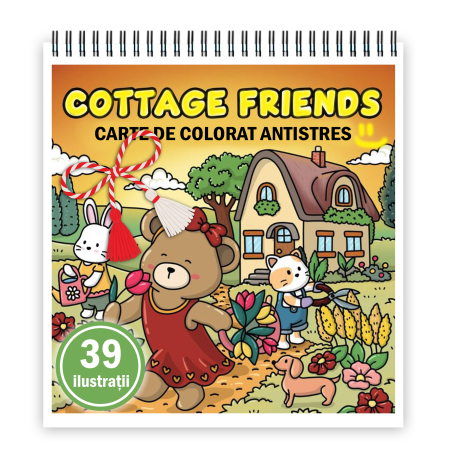 Martisoare format A5 - Martisor de colorat, 39 de ilustratii format A5, carte de colorat cu spira metalica, model: Cottage Friends