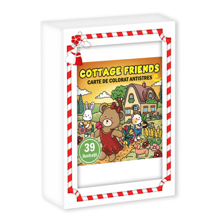 Martisoare in cutie - Martisor de colorat, 39 de ilustratii format A6 in cutie cu tematica de primavara, model: Cottage Friends