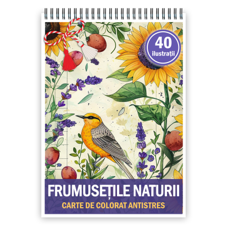 Martisoare format A5 - Martisor de colorat, 40 de ilustratii format A5, carte de colorat cu spira metalica, model: Frumusetile Naturii