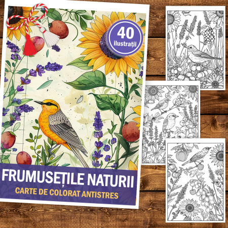 Martisor de colorat, 40 de ilustratii format A5, carte de colorat cu spira metalica, model: Frumusetile Naturii [1]