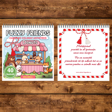 Martisor de colorat, 40 de ilustratii format A5, carte de colorat cu spira metalica, model: Fuzzy Friends [2]