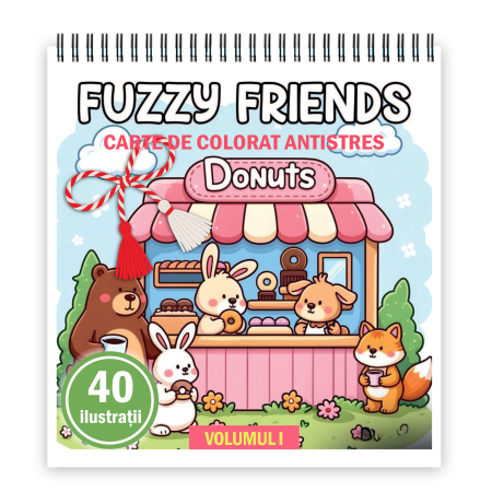 Martisoare format A5 - Martisor de colorat, 40 de ilustratii format A5, carte de colorat cu spira metalica, model: Fuzzy Friends
