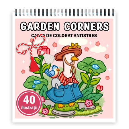Martisoare format A5 - Martisor de colorat, 40 de ilustratii format A5, carte de colorat cu spira metalica, model: Garden Corners