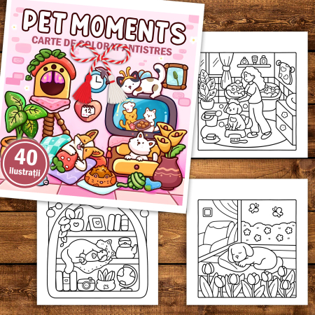 Martisor de colorat, 40 de ilustratii format A5, carte de colorat cu spira metalica, model: Pet Moments [1]