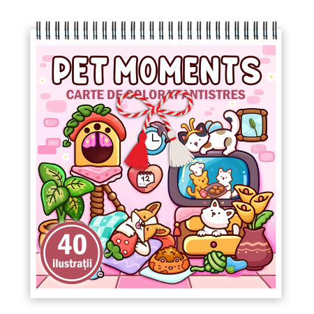 Martisoare format A5 - Martisor de colorat, 40 de ilustratii format A5, carte de colorat cu spira metalica, model: Pet Moments