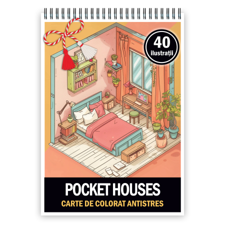 Martisoare format A5 - Martisor de colorat, 40 de ilustratii format A5, carte de colorat cu spira metalica, model: Pocket Houses