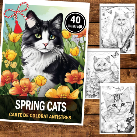 Martisor de colorat, 40 de ilustratii format A5, carte de colorat cu spira metalica, model: Spring Cats [1]