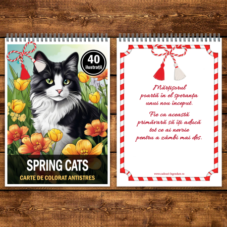 Martisor de colorat, 40 de ilustratii format A5, carte de colorat cu spira metalica, model: Spring Cats [2]