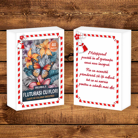 Martisor de colorat, 40 de ilustratii format A6 in cutie cu tematica de primavara, model: Fluturasi cu Flori [1]
