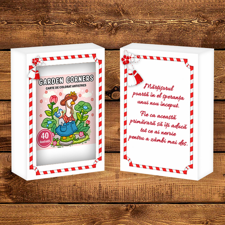 Martisor de colorat, 40 de ilustratii format A6 in cutie cu tematica de primavara, model: Garden Corners [1]