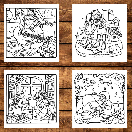 Martisor de colorat, 40 de ilustratii format A6 in cutie cu tematica de primavara, model: Girl Moments [3]