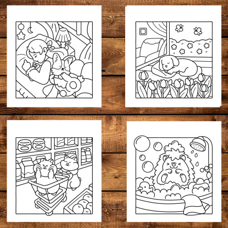 Martisor de colorat, 40 de ilustratii format A6 in cutie cu tematica de primavara, model: Pet Moments [2]