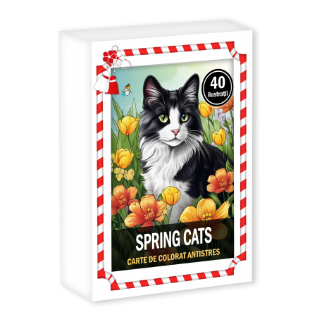 Martisoare in cutie - Martisor de colorat, 40 de ilustratii format A6 in cutie cu tematica de primavara, model: Spring Cats