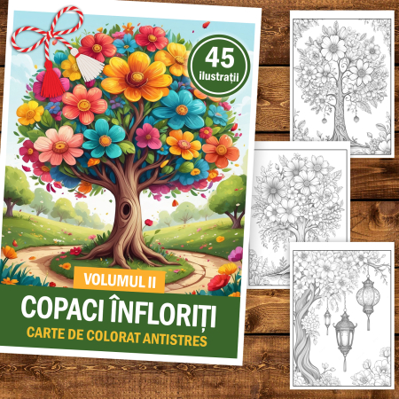 Martisor de colorat, 45 de ilustratii format A5, carte de colorat cu spira metalica, model: Copaci Infloriti [1]