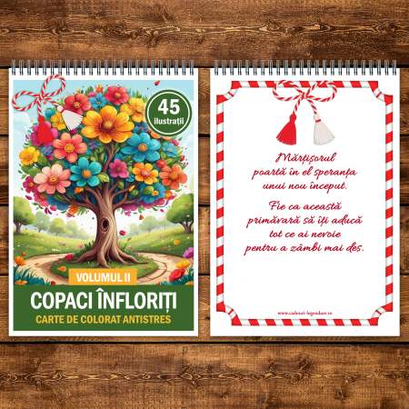 Martisor de colorat, 45 de ilustratii format A5, carte de colorat cu spira metalica, model: Copaci Infloriti [2]