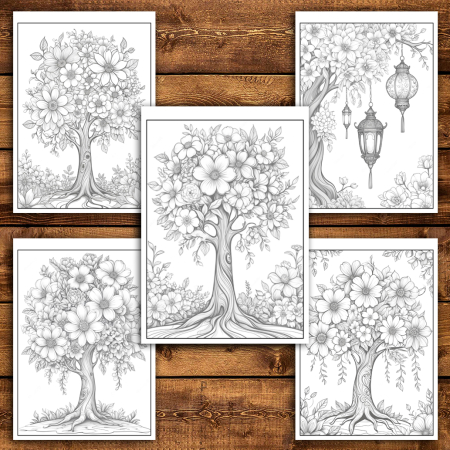 Martisor de colorat, 45 de ilustratii format A5, carte de colorat cu spira metalica, model: Copaci Infloriti [4]