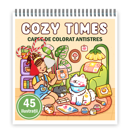 Martisoare format A5 - Martisor de colorat, 45 de ilustratii format A5, carte de colorat cu spira metalica, model: Cozy Times