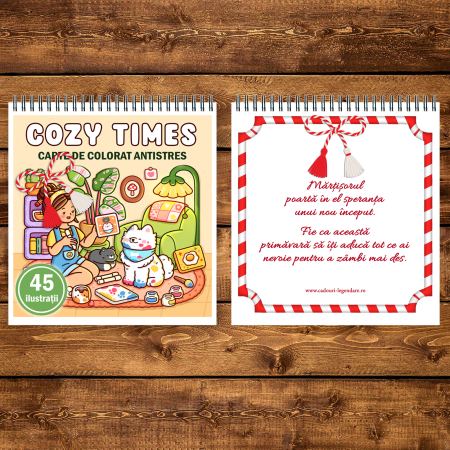 Martisor de colorat, 45 de ilustratii format A5, carte de colorat cu spira metalica, model: Cozy Times [2]