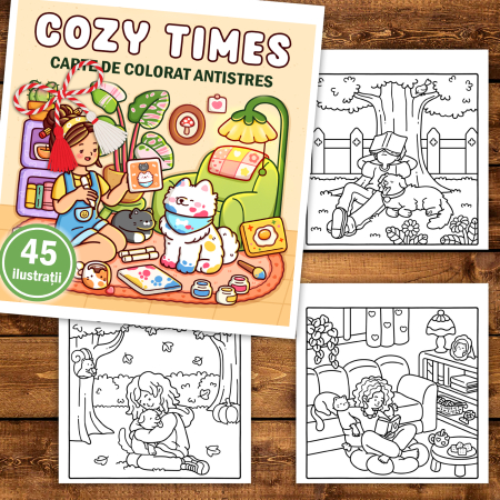Martisor de colorat, 45 de ilustratii format A5, carte de colorat cu spira metalica, model: Cozy Times [1]