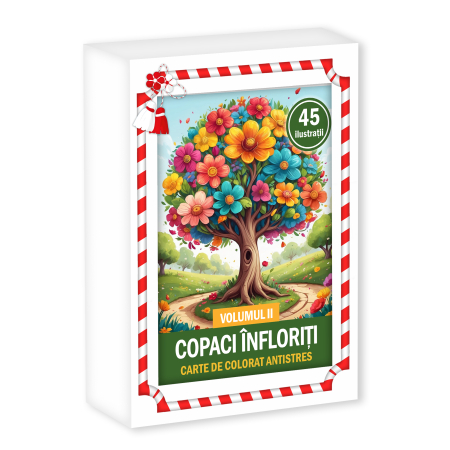 Martisoare in cutie - Martisor de colorat, 45 de ilustratii format A6 in cutie cu tematica de primavara, model: Copaci Infloriti