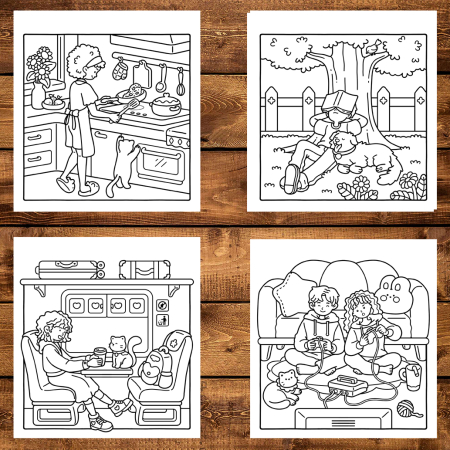 Martisor de colorat, 45 de ilustratii format A6 in cutie cu tematica de primavara, model: Cozy Times [2]