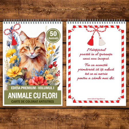 Martisor de colorat, 50 de ilustratii format A5, carte de colorat cu spira metalica, model: Animale cu Flori [2]