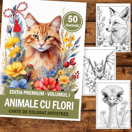Martisor de colorat, 50 de ilustratii format A5, carte de colorat cu spira metalica, model: Animale cu Flori [1]