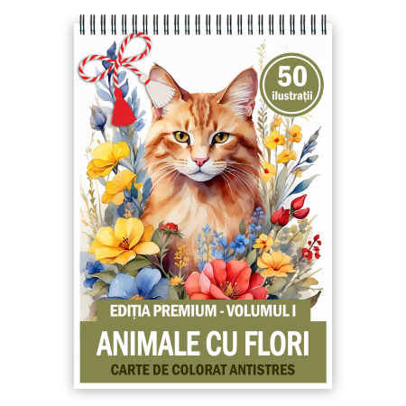 Martisoare format A5 - Martisor de colorat, 50 de ilustratii format A5, carte de colorat cu spira metalica, model: Animale cu Flori