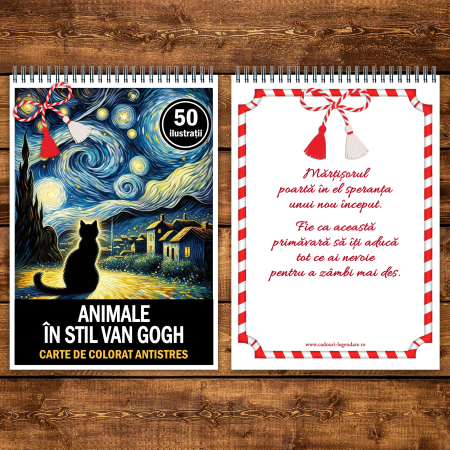 Martisor de colorat, 50 de ilustratii format A5, carte de colorat cu spira metalica, model: Animale in stil Van Gogh [2]