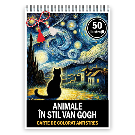 Martisoare format A5 - Martisor de colorat, 50 de ilustratii format A5, carte de colorat cu spira metalica, model: Animale in stil Van Gogh