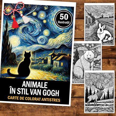 Martisor de colorat, 50 de ilustratii format A5, carte de colorat cu spira metalica, model: Animale in stil Van Gogh [1]
