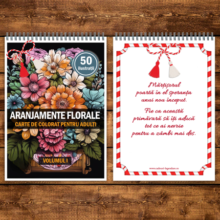 Martisor de colorat, 50 de ilustratii format A5, carte de colorat cu spira metalica, model: Aranjamente Florale [2]