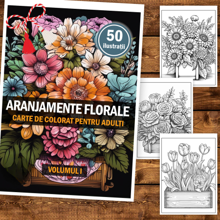 Martisor de colorat, 50 de ilustratii format A5, carte de colorat cu spira metalica, model: Aranjamente Florale [1]