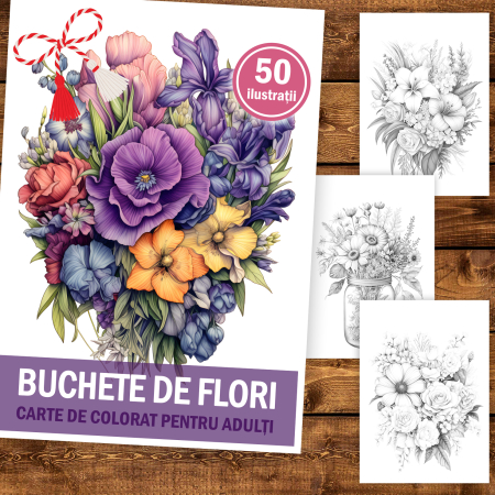 Martisor de colorat, 50 de ilustratii format A5, carte de colorat cu spira metalica, model: Buchete de Flori [1]
