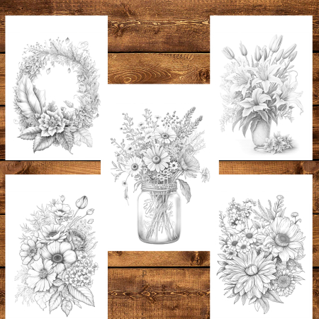 Martisor de colorat, 50 de ilustratii format A5, carte de colorat cu spira metalica, model: Buchete de Flori [4]