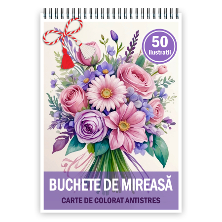 Martisoare format A5 - Martisor de colorat, 50 de ilustratii format A5, carte de colorat cu spira metalica, model: Buchete de Mireasa